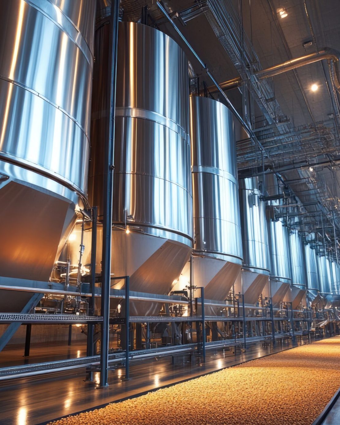 Modern brewery interior with stainless steel tanks, pipes and malt on the floor